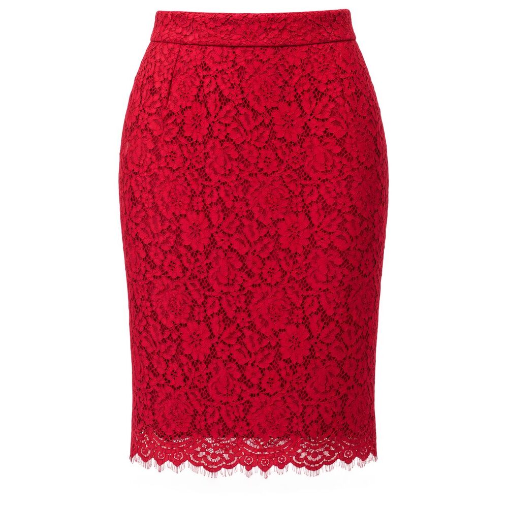 NWT J. Crew Lace Pencil Midi Skirt Womens 8 Red Christmas Holiday Party Formal